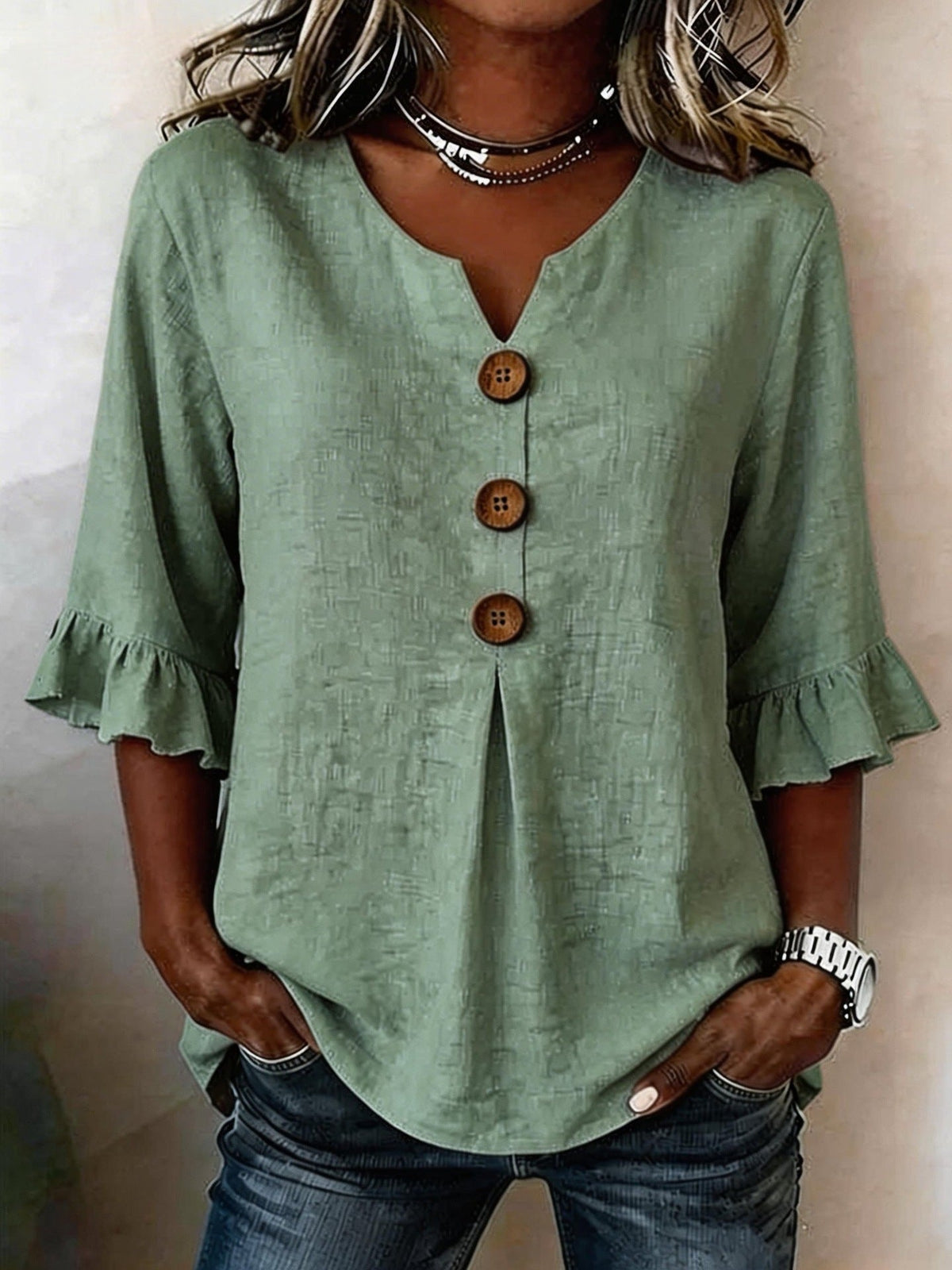 Jessara - Ruffle-Sleeve Linen Blouse - White