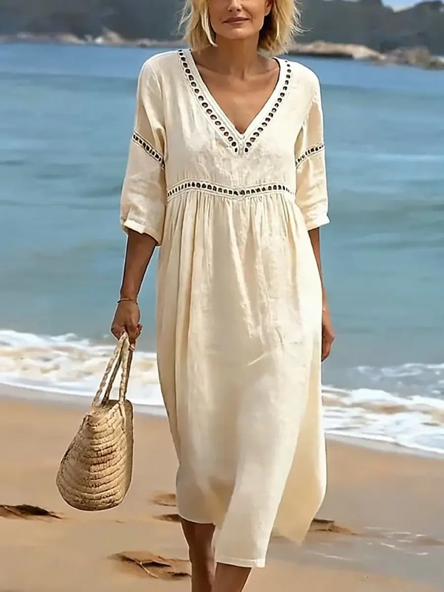 Quessia - Soft-Touch V-Neck Dress - White