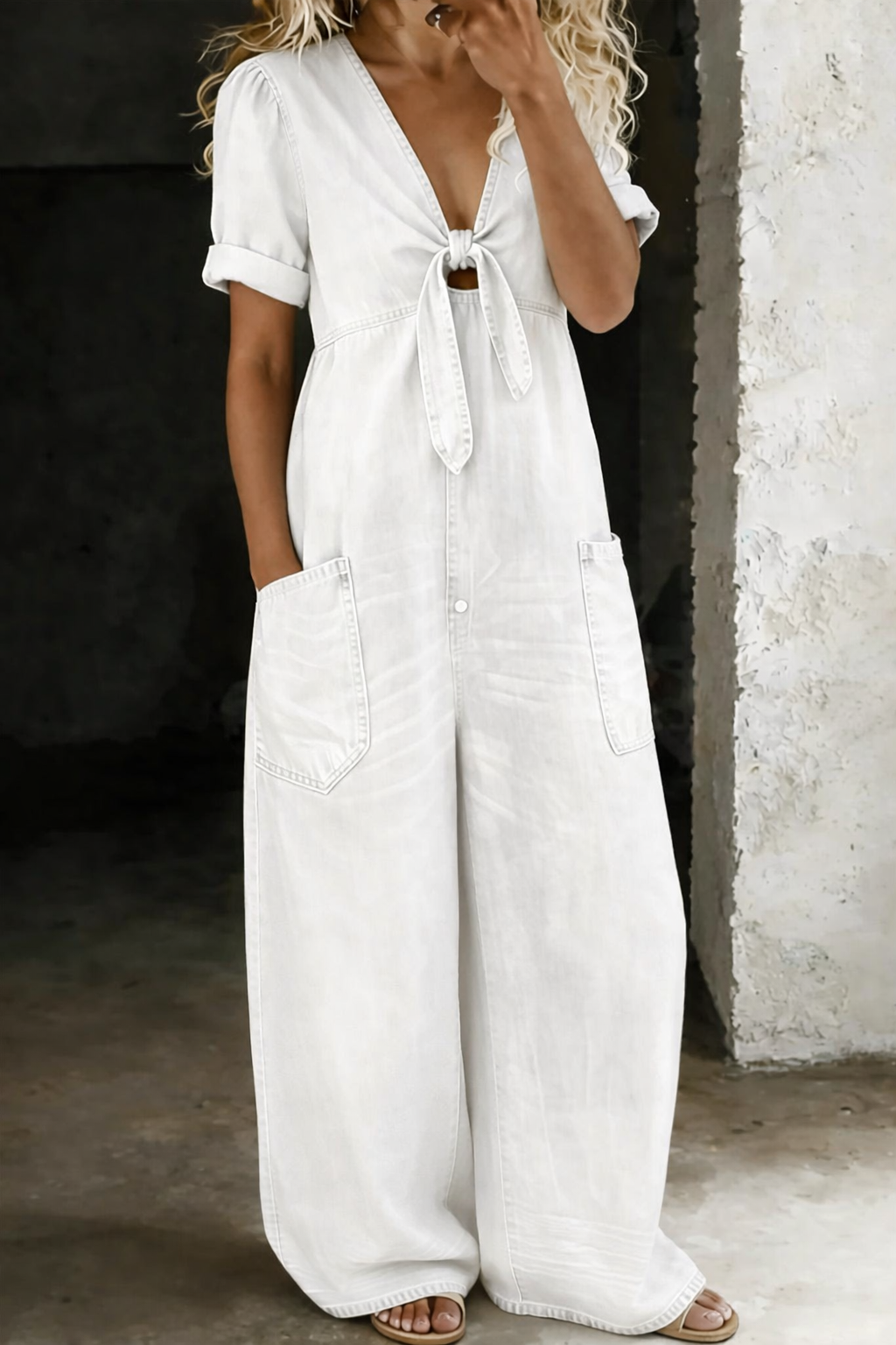 Faelina - Tie Front Denim Wide Leg Jumpsuit - Light Blue