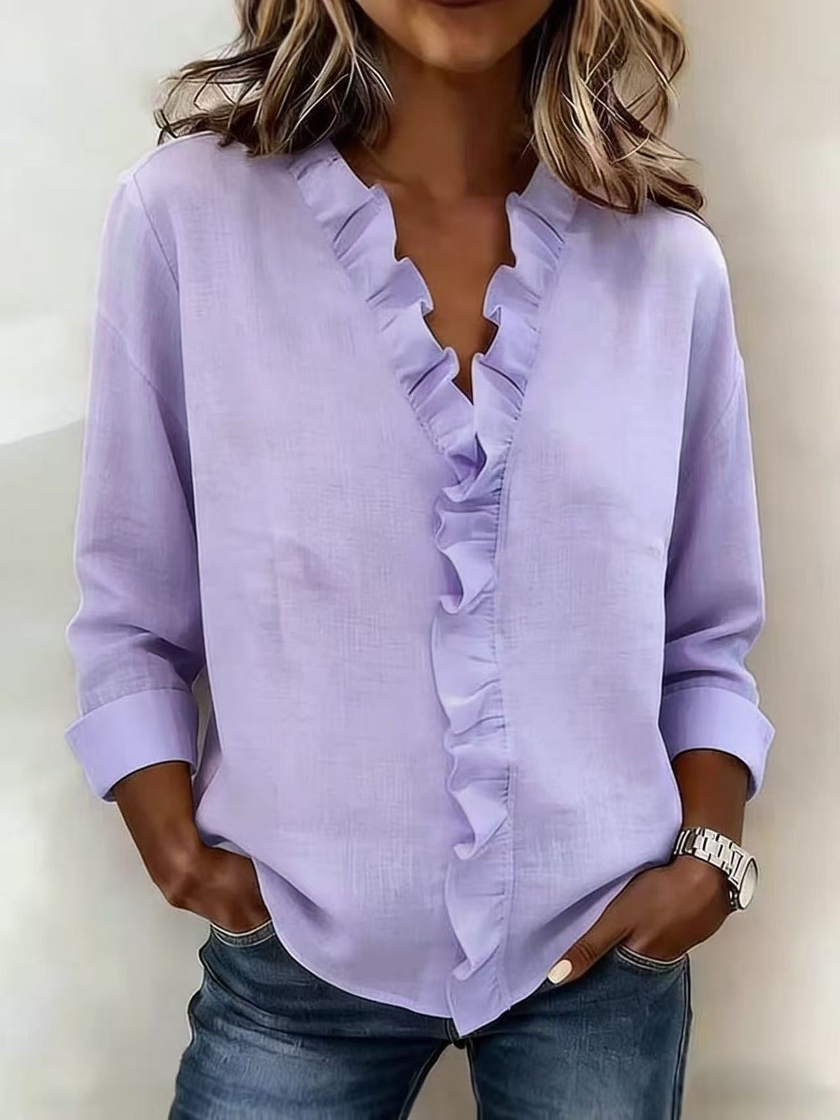 Brinae - Soft-Touch Long-Sleeve Ruffled V-Neck Blouse - White