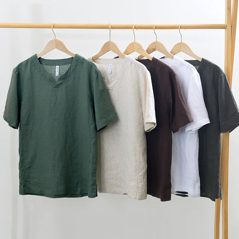 Hynara - Breezy Linen V-Neck Shirt - Brown