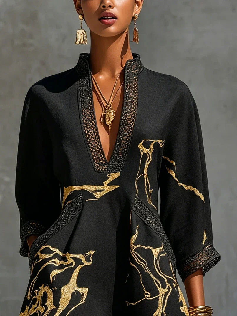 Emmerly - Luxe Marble-Print A-Line Dress - Black