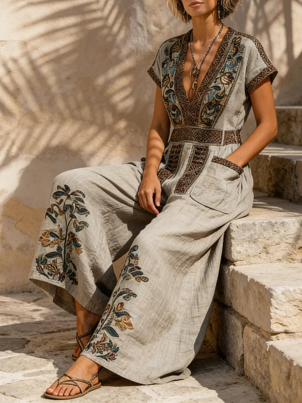 Zalira - Embroidered Wide-Leg Jumpsuit - Sand