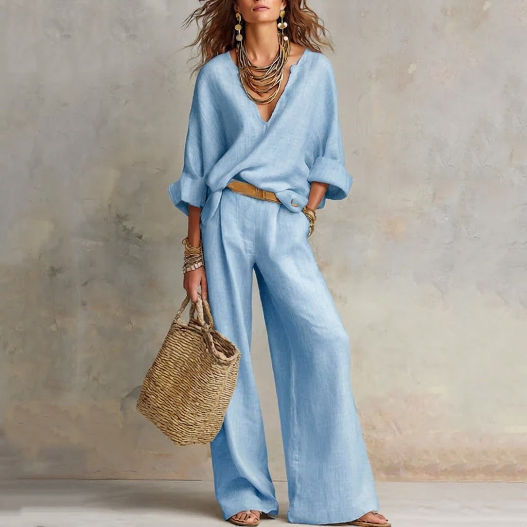 Zelora - Lightweight V-Neck Top & Wide-Leg Pants Set - Beige