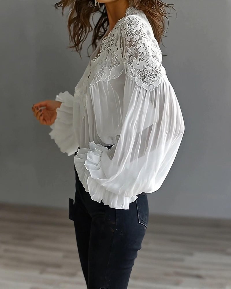 Celinrae - V-Neck Lace Long Sleeve Blouse - Black