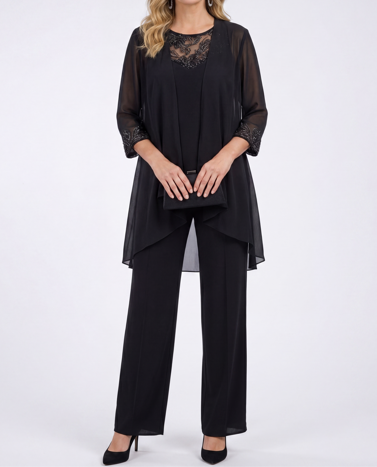 Aeliana - Elegant Three-Piece Jacket & Wide-Leg Trouser Set - Blue