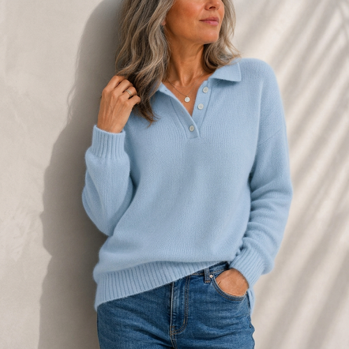 Aelis - Soft-Touch Polo Collar Jumper - Blue