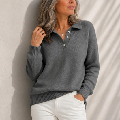 Aelis - Soft-Touch Polo Collar Jumper - Grey