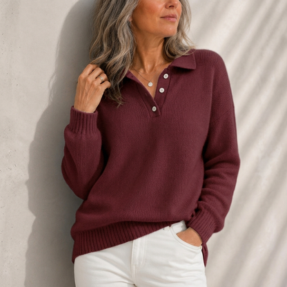 Aelis - Soft-Touch Polo Collar Jumper - Red