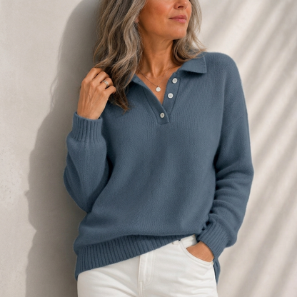 Aelis - Soft-Touch Polo Collar Jumper - Navy Blue