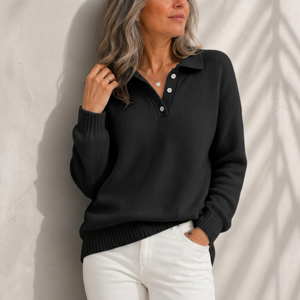 Aelis - Soft-Touch Polo Collar Jumper - Black