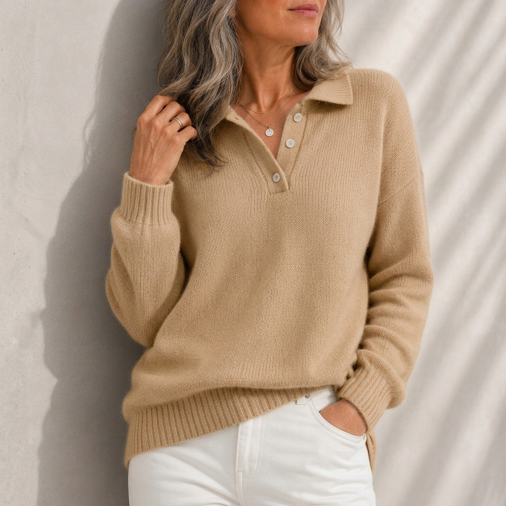 Aelis - Soft-Touch Polo Collar Jumper - Khaki