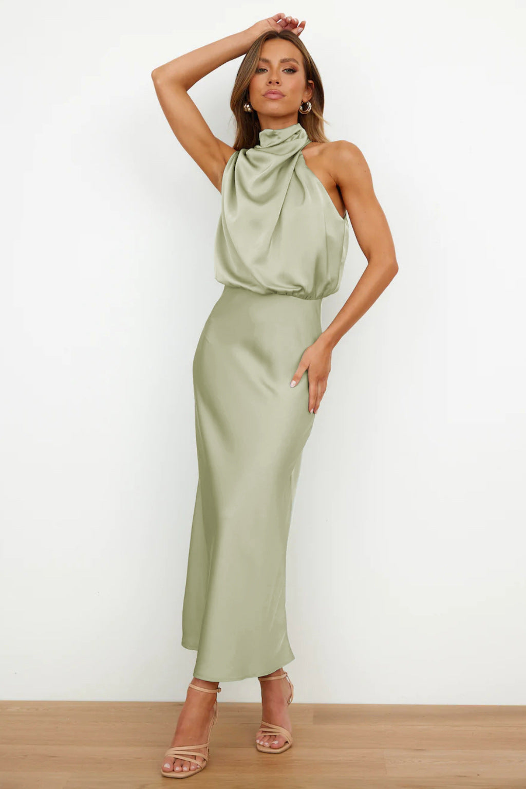 Melira - Regal High-Collar Maxi Dress - Light Brown