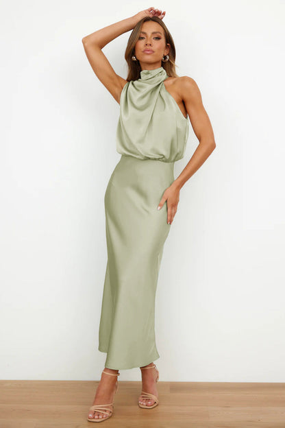 Melira - Regal High-Collar Maxi Dress - Light Brown