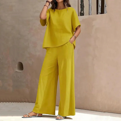 Annavie - Breathable Linen Two-Piece Set - Blue