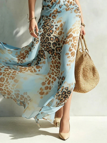 Eloria - Sheer Halter-Neck Leopard Maxi Dress
