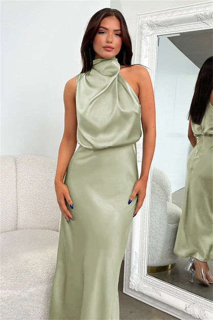 Melira - Regal High-Collar Maxi Dress - Light Brown