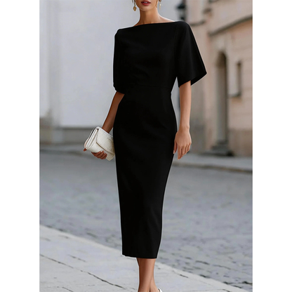 Leonelle - Elegant Boat Neck Midi Dress - White