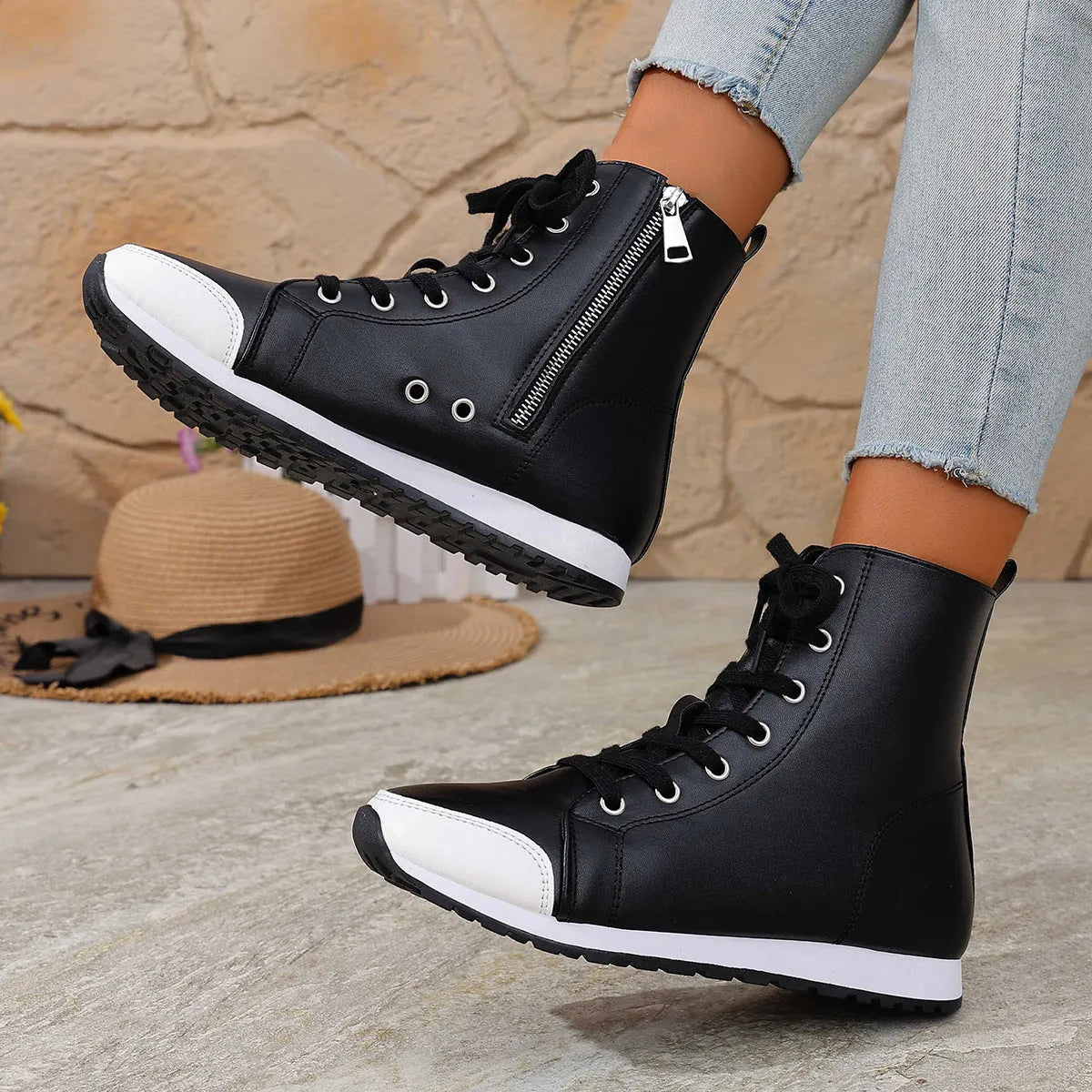 Deloriane - Casual Lace Up Ankle Boots - White