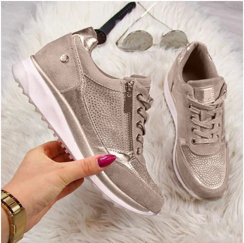 Raina - Lace Up Sneakers With Side Zip Casual Fit - Beige