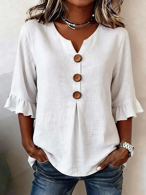 Jessara - Ruffle-Sleeve Linen Blouse - White