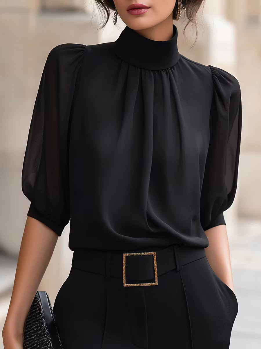 Valessique - Pleated High Neck Blouse - Blue