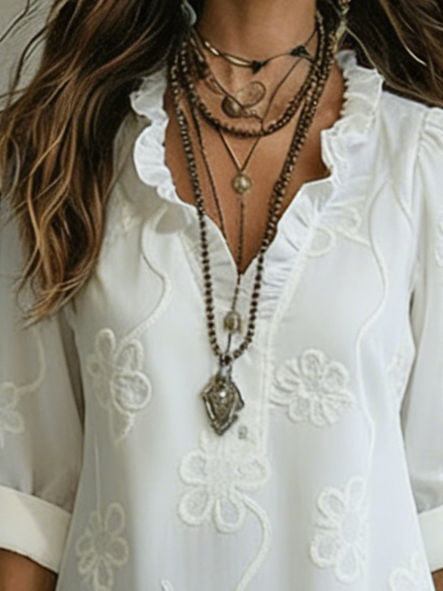 Kallie - Embroidered V Neck Maxi Dress Casual Fit - White