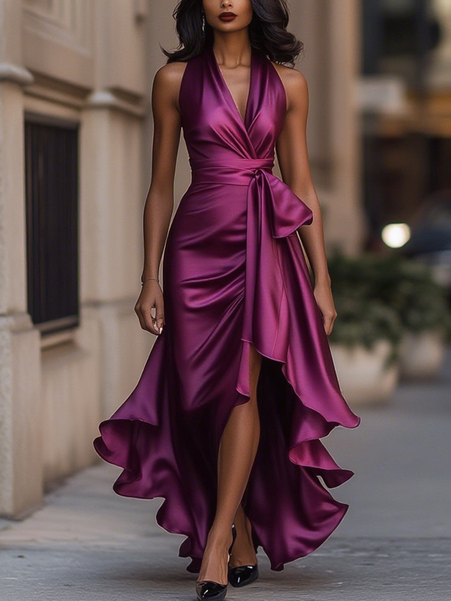Denira - Lustrous Draped Wrap Dress - Navy Blue