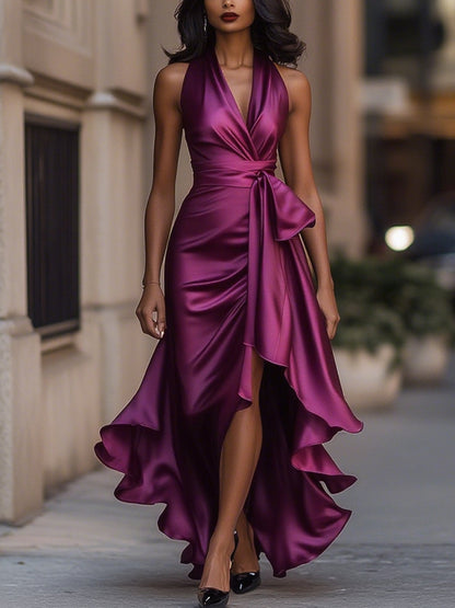 Denira - Lustrous Draped Wrap Dress - Navy Blue