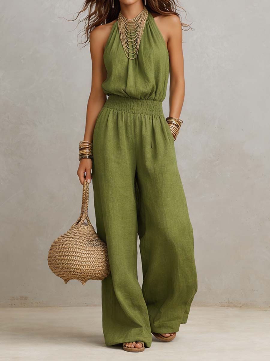 Elenie - Lightweight Halter-Neck Jumpsuit - Khaki