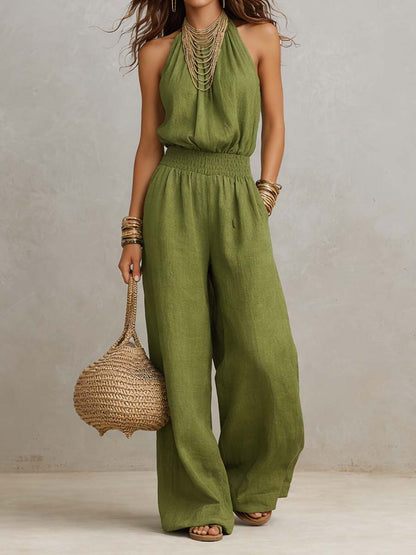 Elenie - Lightweight Halter-Neck Jumpsuit - Khaki