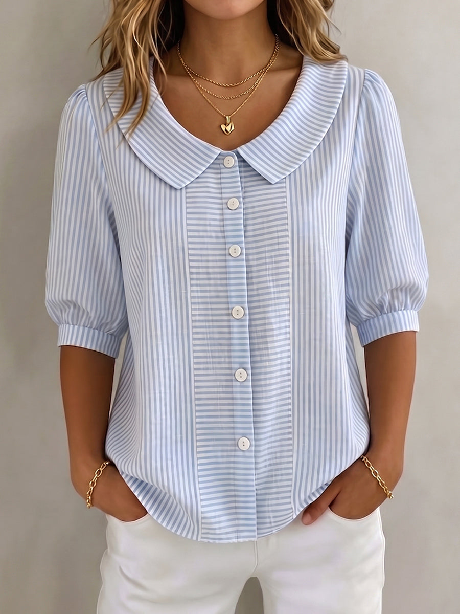 Xandria - Striped Button Blouse - Navy