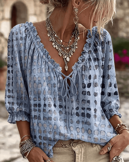 Araminta - Soft-Touch Lace-Up V-Neck Blouse - Blue