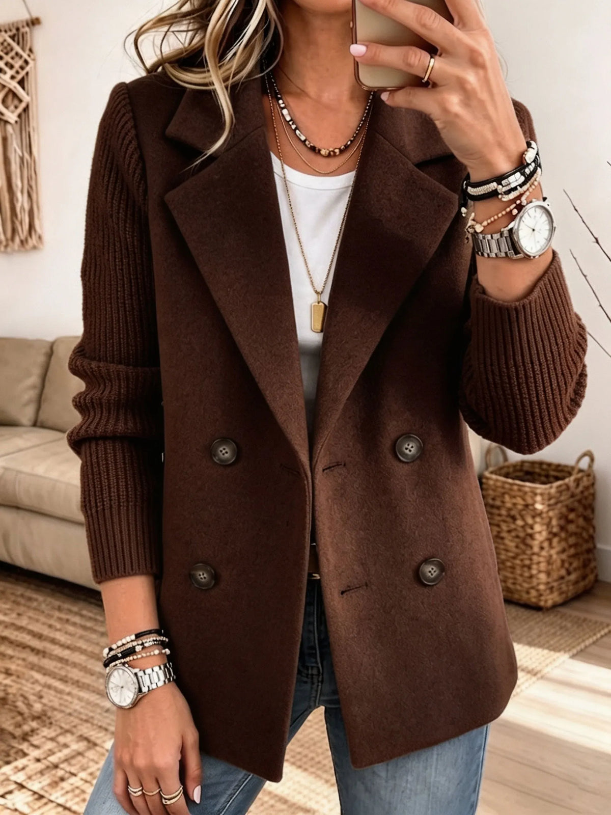 Adalene - Knit Sleeve Double Breasted Blazer - Green
