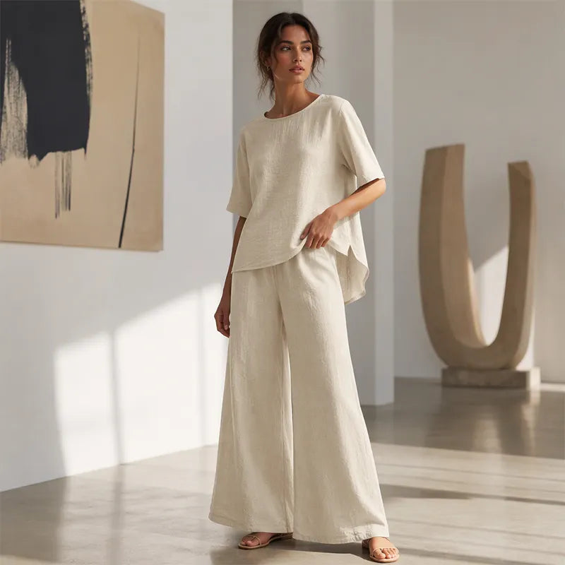 Annavie - Breathable Linen Two-Piece Set - Light brown