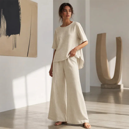 Annavie - Breathable Linen Two-Piece Set - Light brown