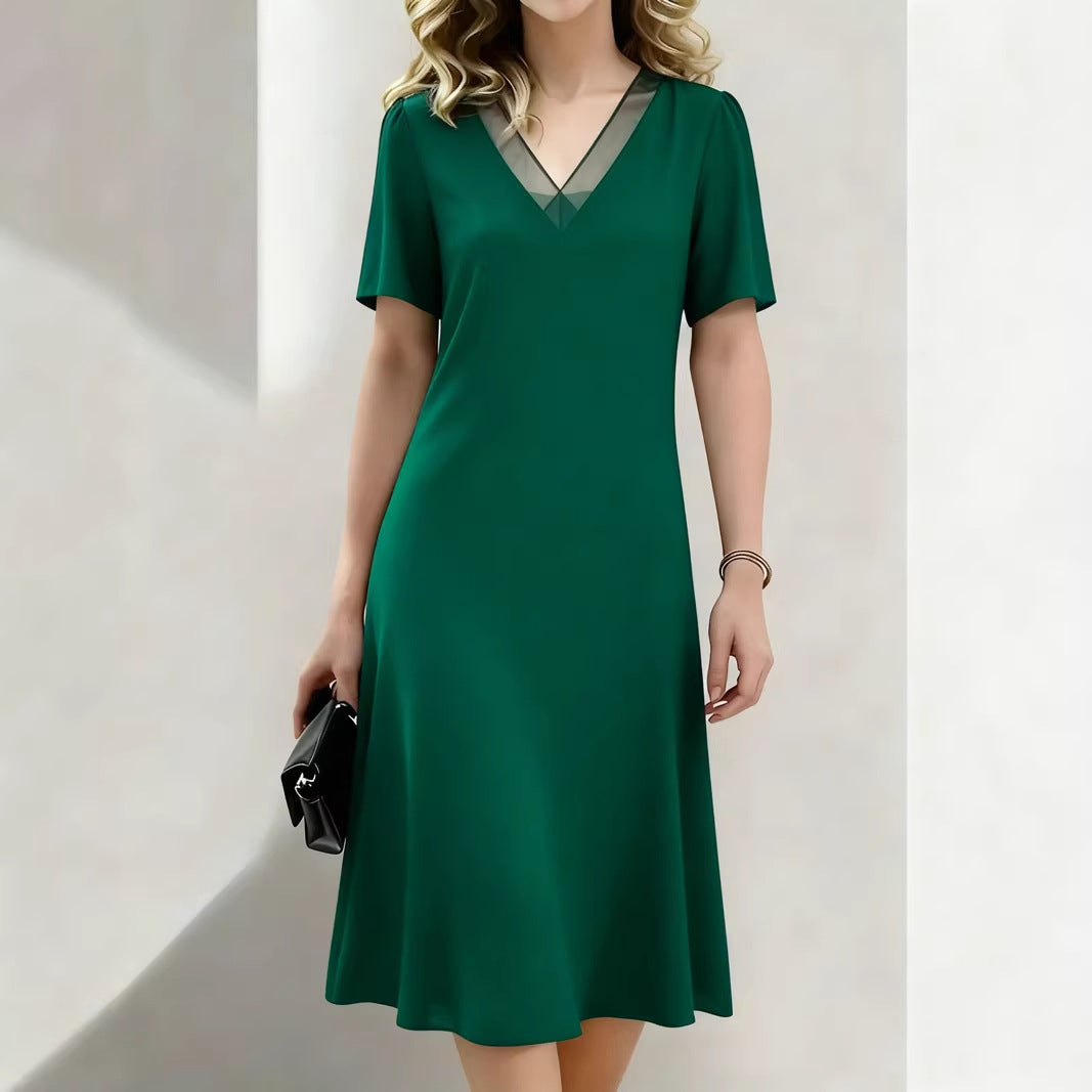 Brina - V-Neck Midi Dress Short Sleeve - Red