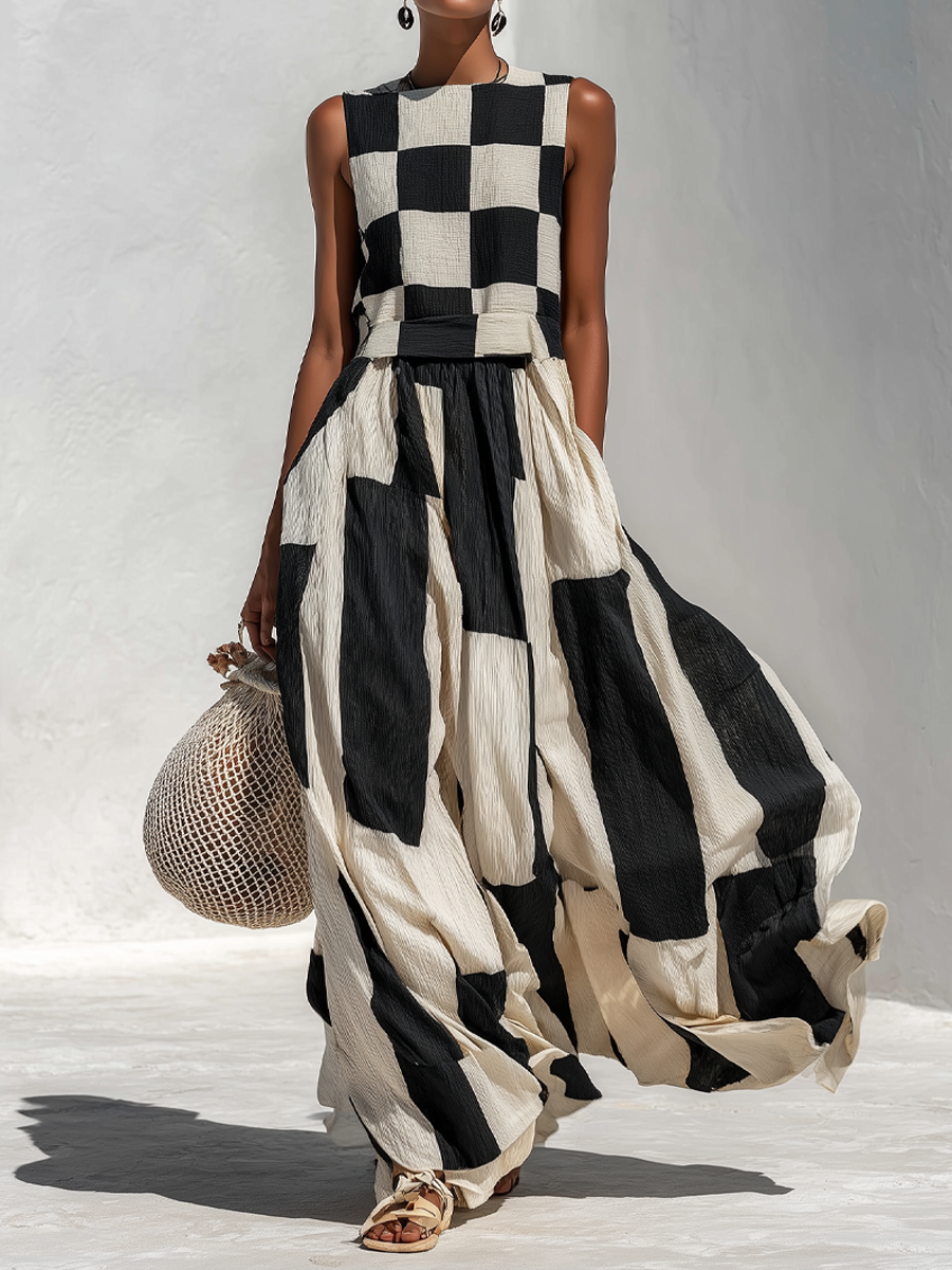 Solenna - Breezy Linen Maxi Dress - Black and Beige