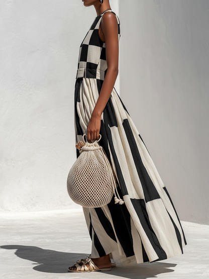 Solenna - Breezy Linen Maxi Dress - Black and Beige