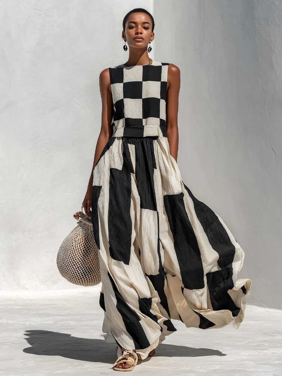 Solenna - Breezy Linen Maxi Dress - Black and Beige