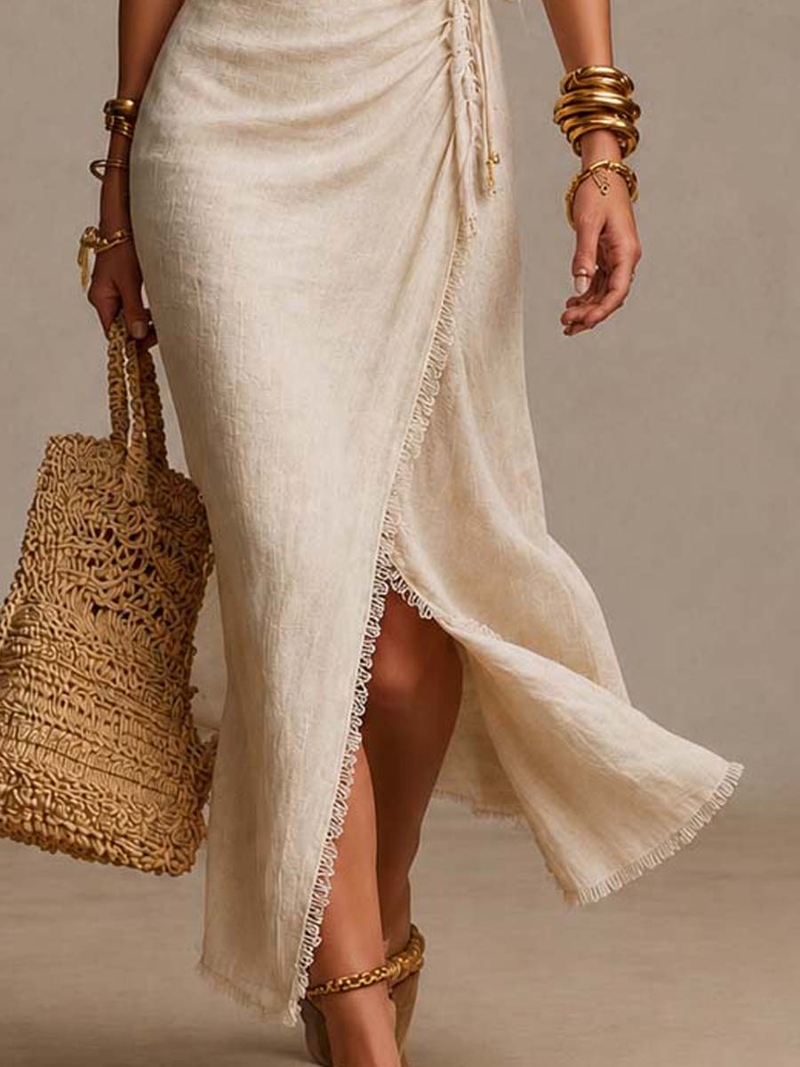 Aeloria - Premium Linen Wrap Midi Dress - Beige
