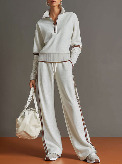 Honora - Soft-Touch Wide-Leg Two-Piece Set - Grey White