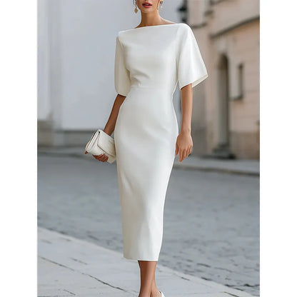 Leonelle - Elegant Boat Neck Midi Dress - White