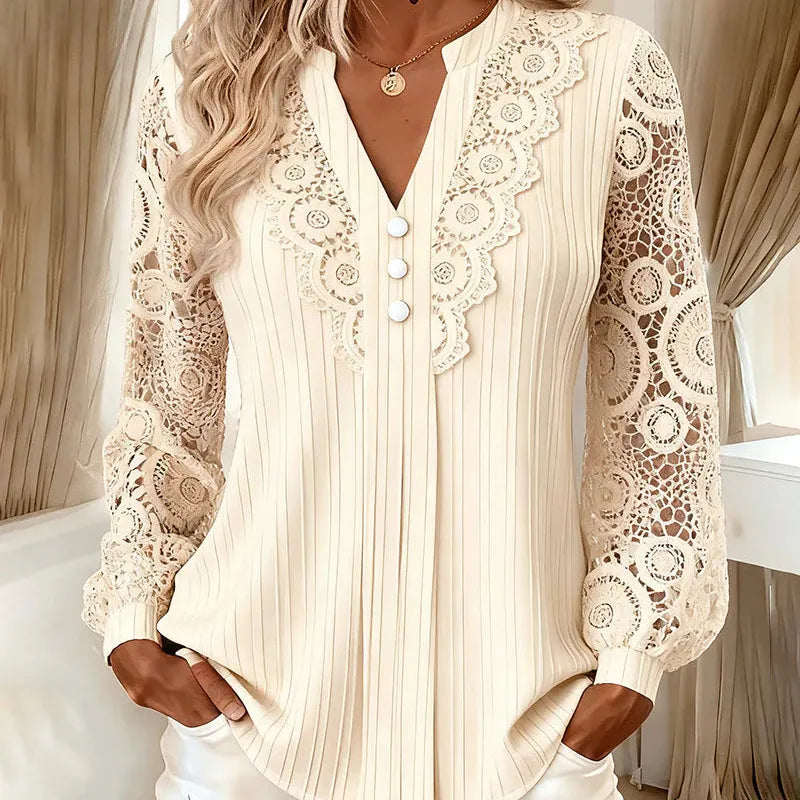 Caravelle - Pleated Lace Long Sleeve Blouse - Peach