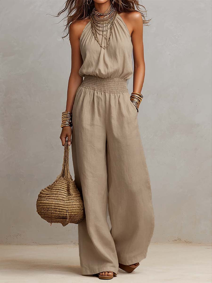 Elenie - Lightweight Halter-Neck Jumpsuit - Khaki
