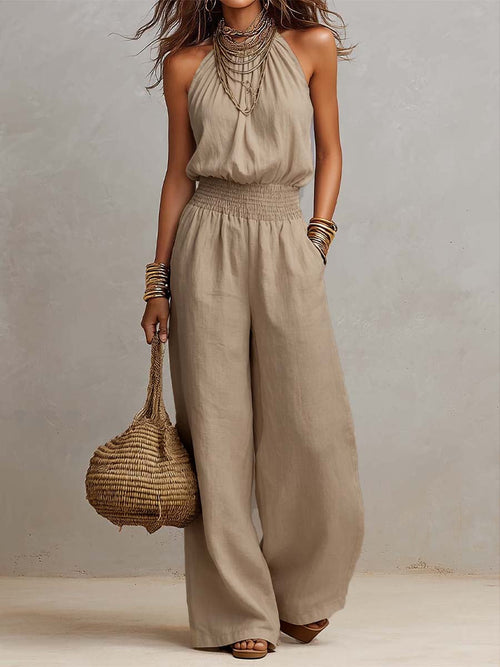 Elenie - Lightweight Halter-Neck Jumpsuit - Khaki