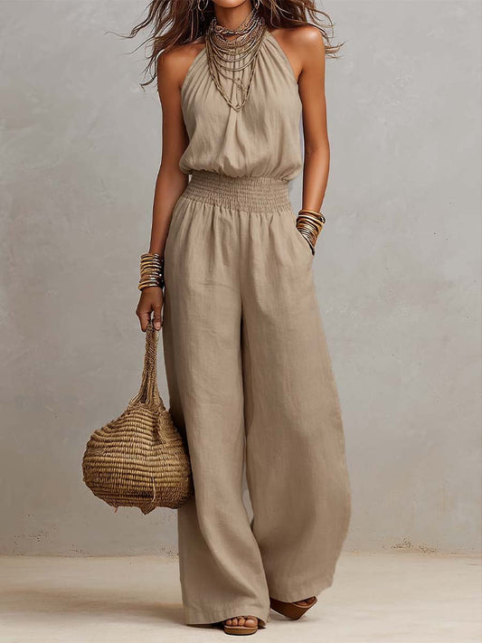 Elenie - Lightweight Halter-Neck Jumpsuit - Khaki