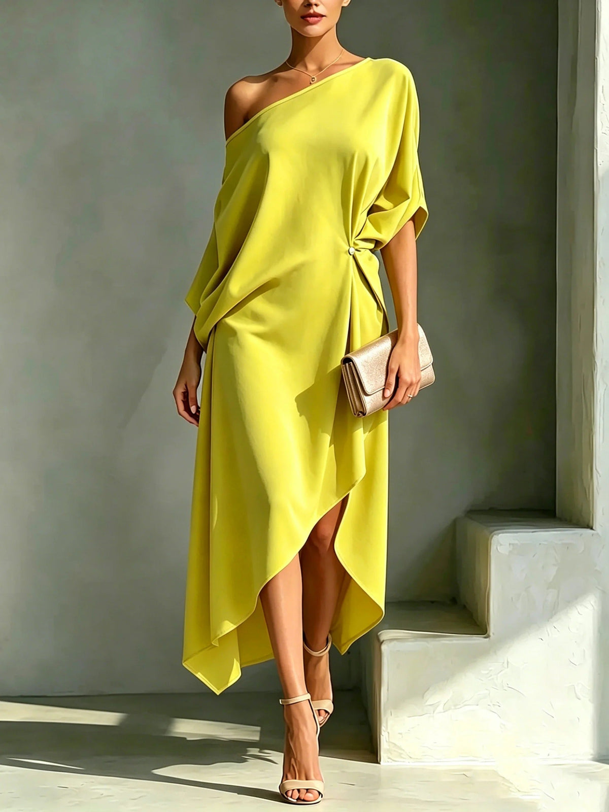 Erica - Fluid One-Shoulder Midi Dress - Yellow