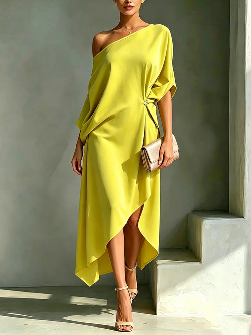 Erica - Fluid One-Shoulder Midi Dress - Yellow