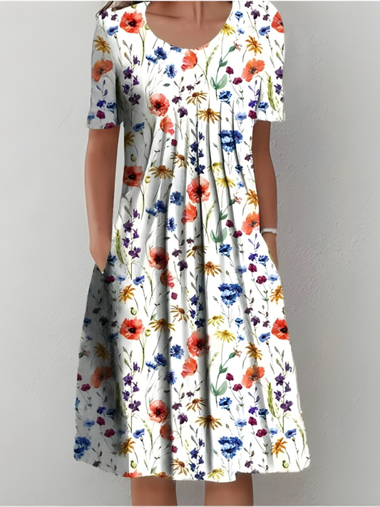 Amelia - Soft-Touch Pleated Dress - White (Red Flowers)
